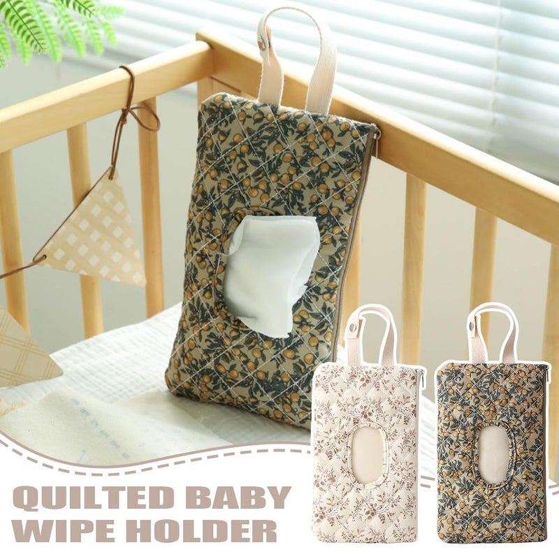 Quilted Baby Wipe Holder Floral Baby Diaper Pouch, Reusable Quilted Wipes Bag Mommy Bag With Lanyard for Daily (Beige) - Image 4